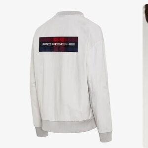 Porsche Design White Bomber Sweater with Red and Blue Logo Patch
